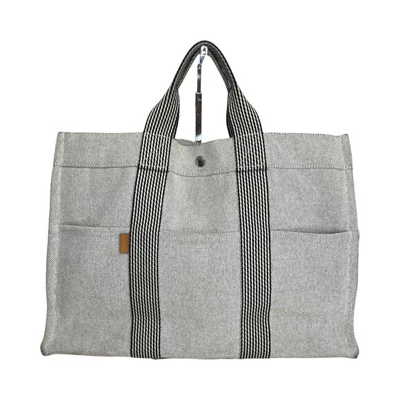 Hermès Canvas Fourre Tout MM Tote Bag Gray Stripe Web Handles Large Authentic - Picture 1 of 16